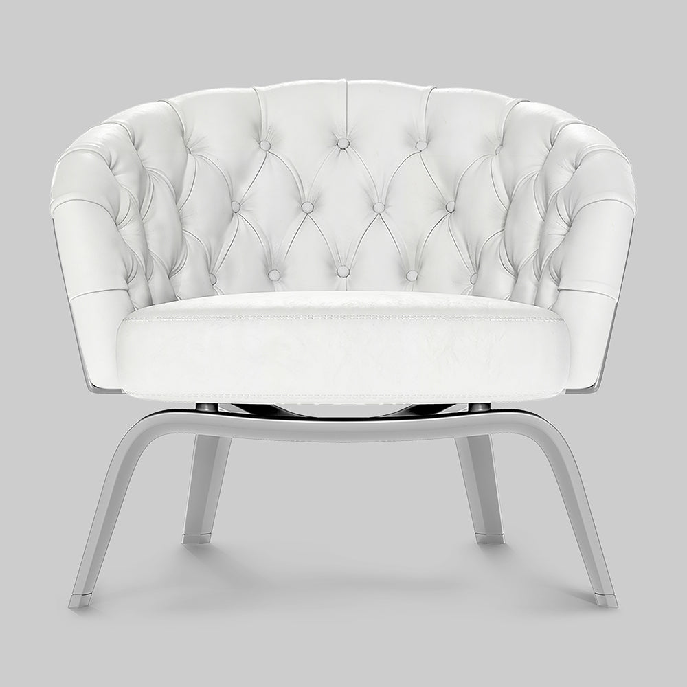White tufted round lounge chair with button detailing and curved chrome legs