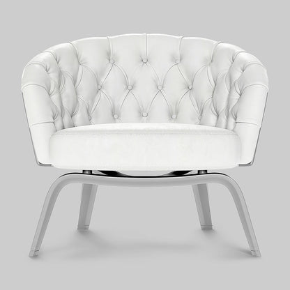 White tufted round lounge chair with button detailing and curved chrome legs