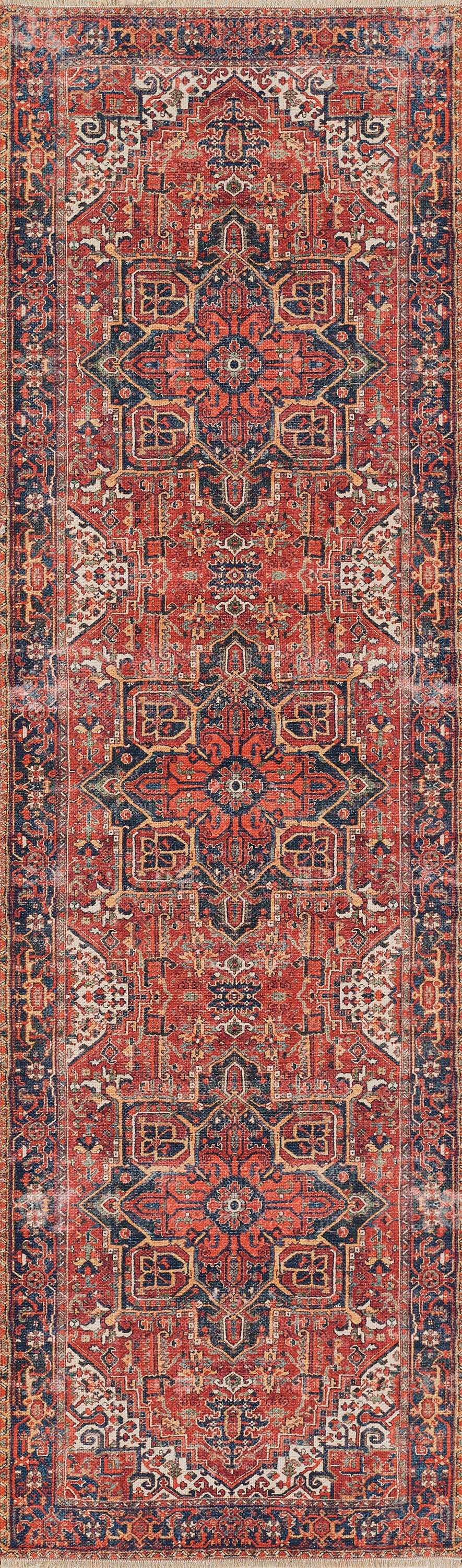 Red Persian-style runner rug with repeating central medallions, navy border and ivory floral accents.