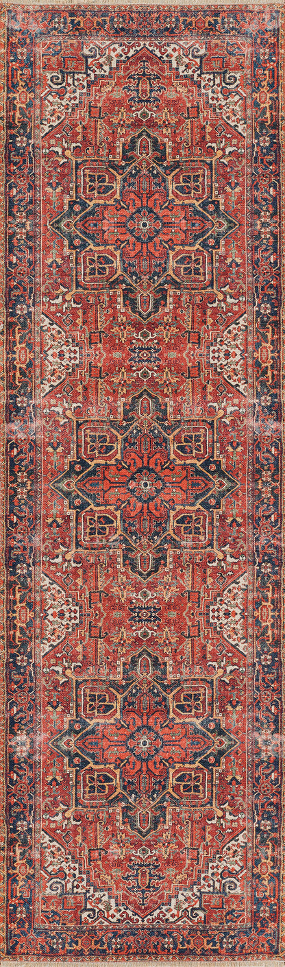 Red Persian-style runner rug with repeating central medallions, navy border and ivory floral accents.