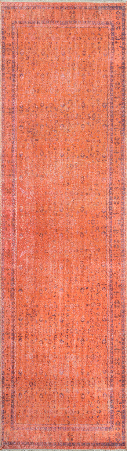 Orange Persian-inspired rug with a blue border and faded, distressed floral motifs.