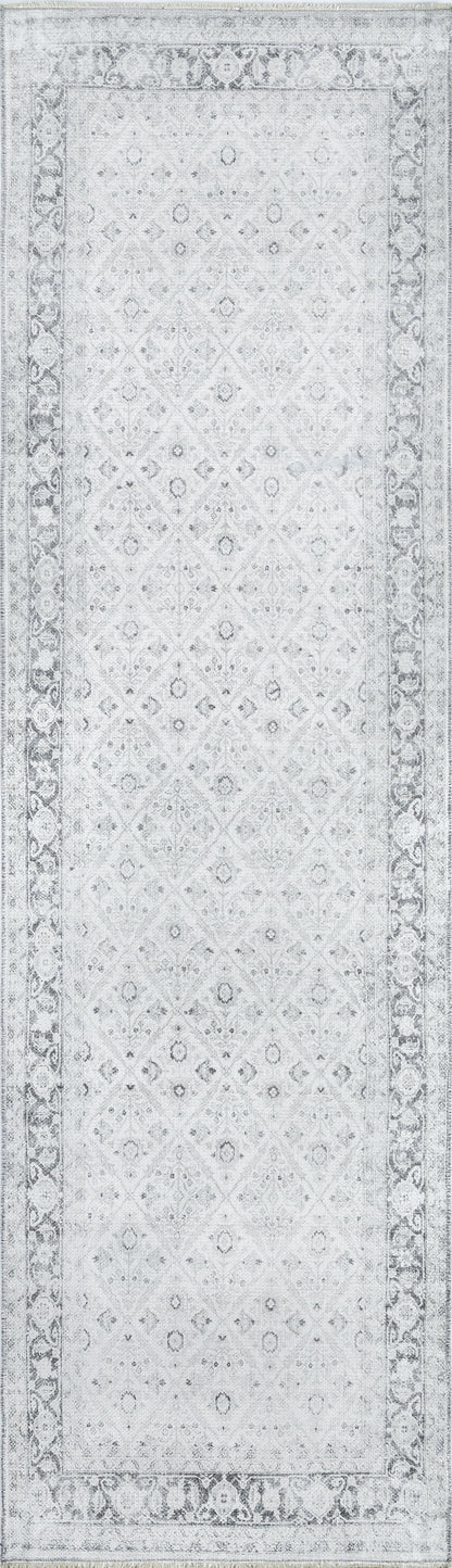 Rectangular grayscale runner rug with a distressed Persian-style pattern and ornate border, great for hallways.