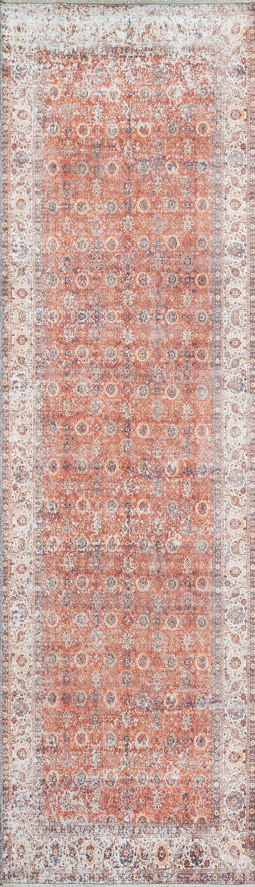Distressed orange-red Persian-style runner rug with ivory borders and intricate floral medallions.