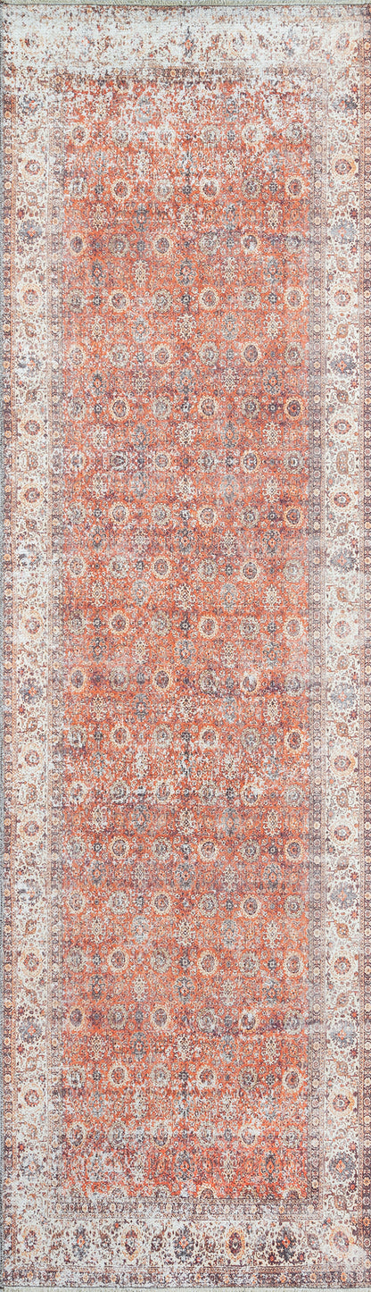 Distressed orange-red Persian-style runner rug with ivory borders and intricate floral medallions.