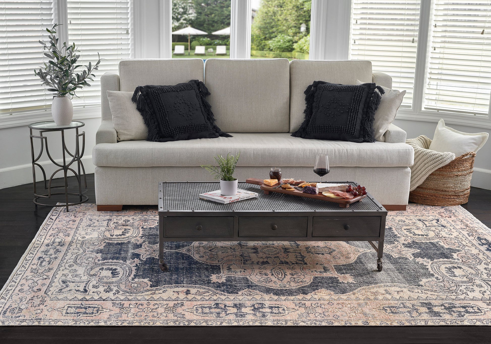 Blue-gray ornate rug.