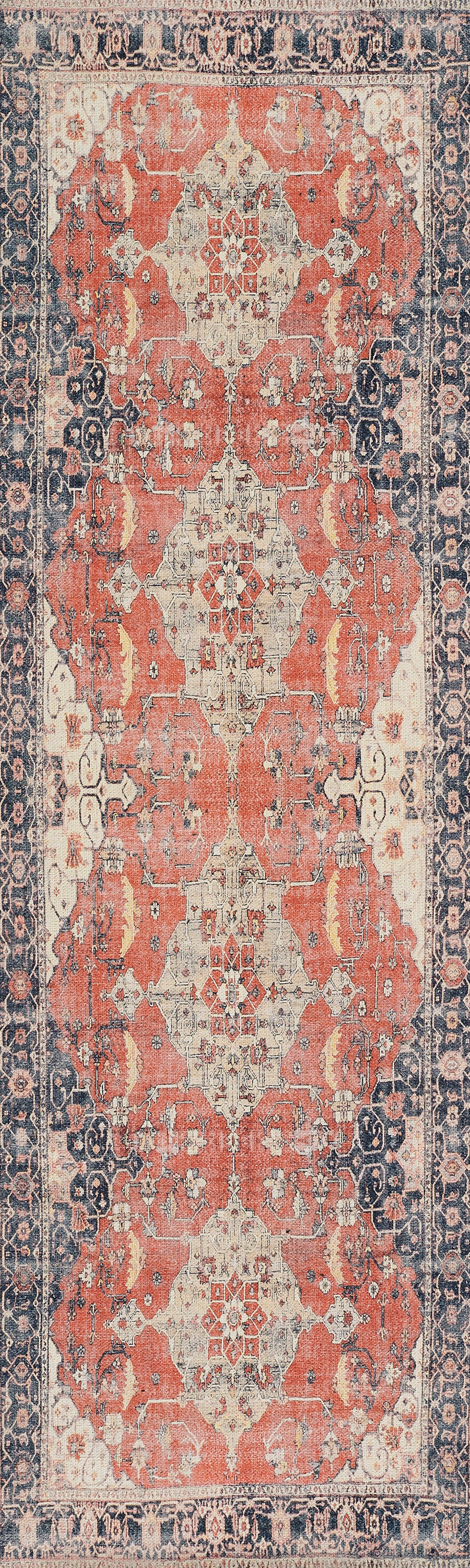 Vintage-style Persian runner rug with red field, ivory central medallions, and a blue border with floral motifs.