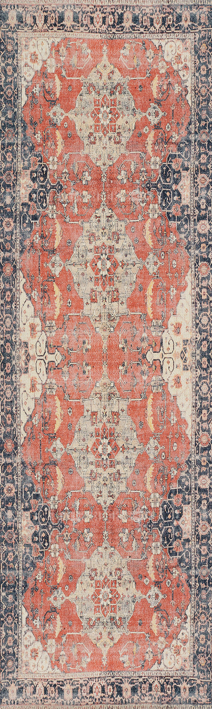 Vintage-style Persian runner rug with red field, ivory central medallions, and a blue border with floral motifs.