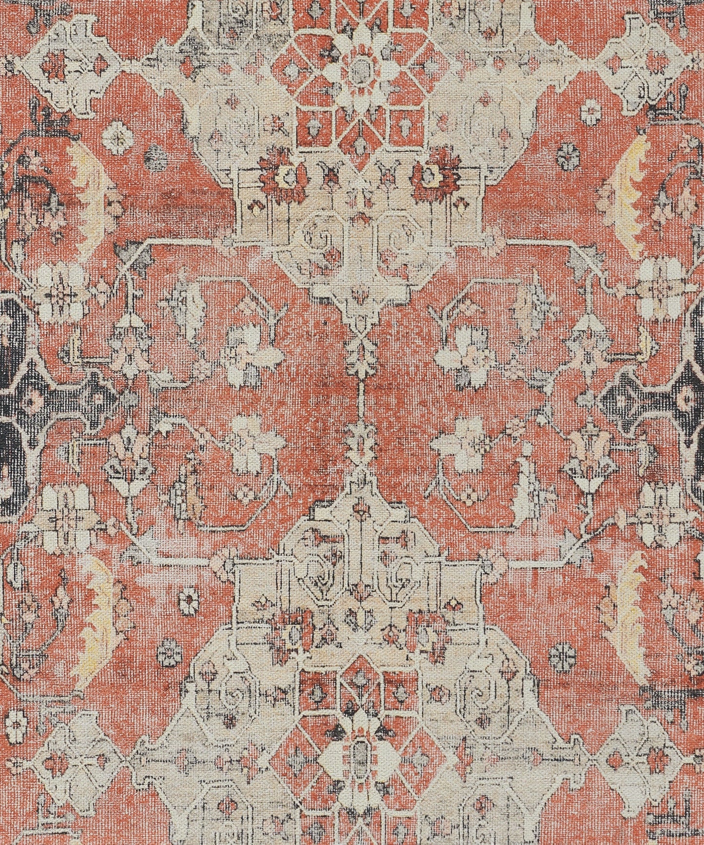Distressed oriental rug with ivory geometric medallions on a rusty red field and floral lattice.