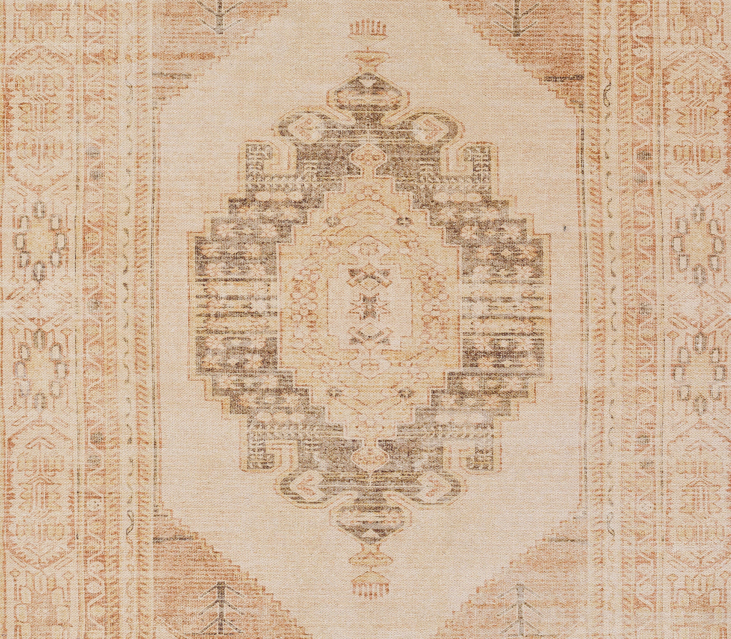 Beige oriental rug with a large central medallion in warm brown and cream tones, bordered with intricate patterns.