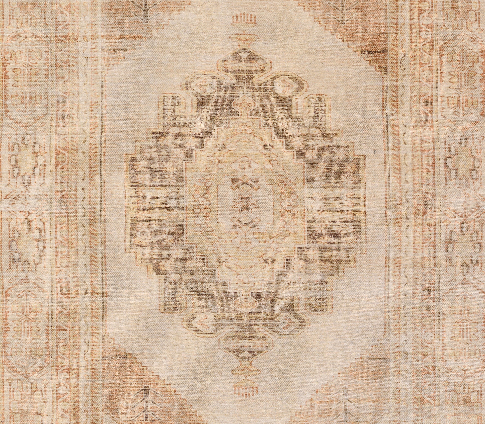 Distressed beige oriental rug with a vintage central medallion in taupe and blush, ornate border, Persian-inspired design.