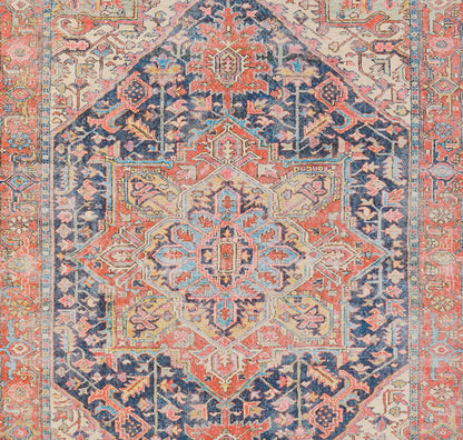 Persian-style rug with central medallion, navy field, coral-pink and ivory, teal accents; ornate floral border.