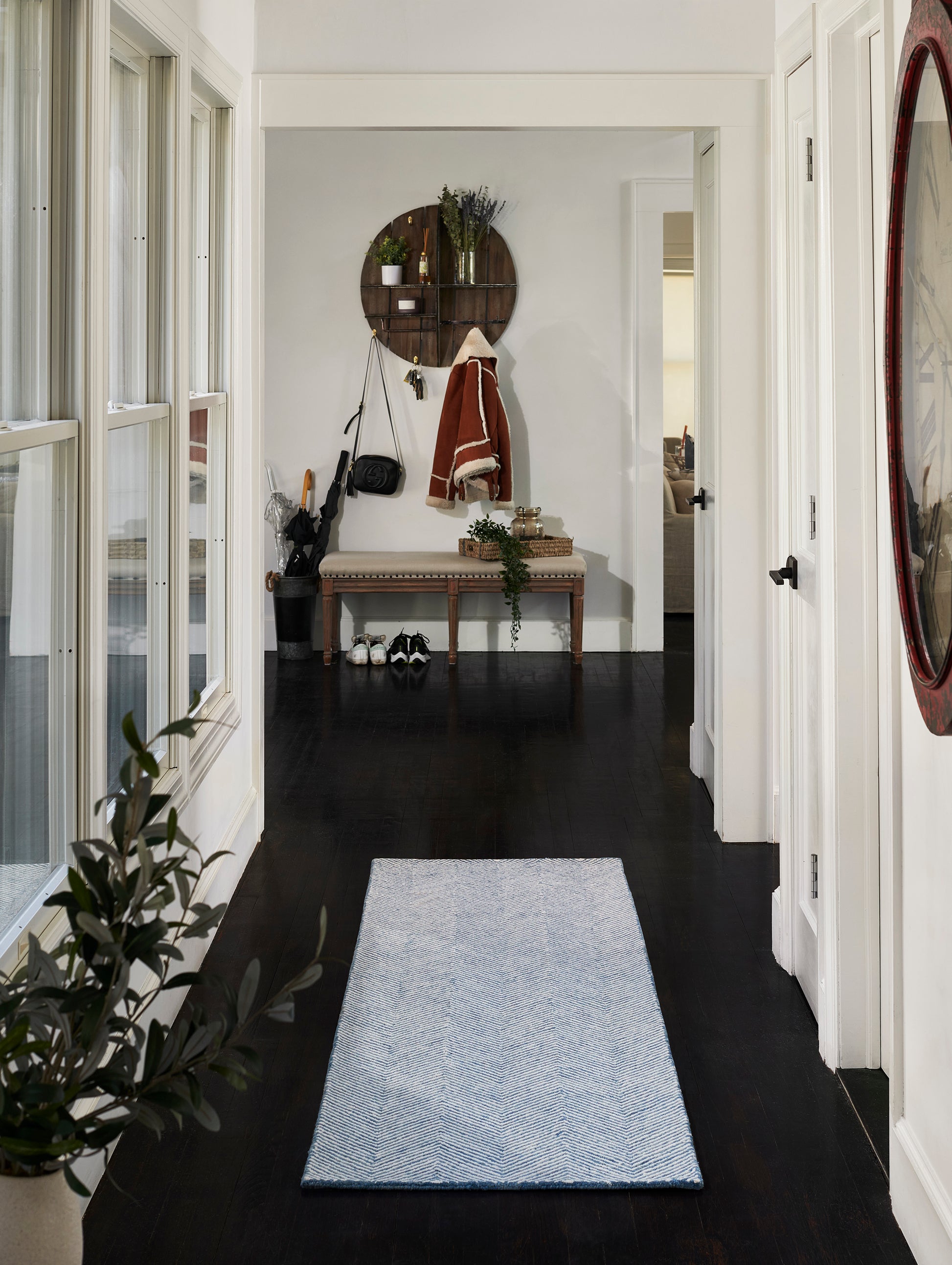 Blue chevron runner rug on dark hardwood hallway with white walls, potted plant, bench, coat rack, and round wall shelf.
