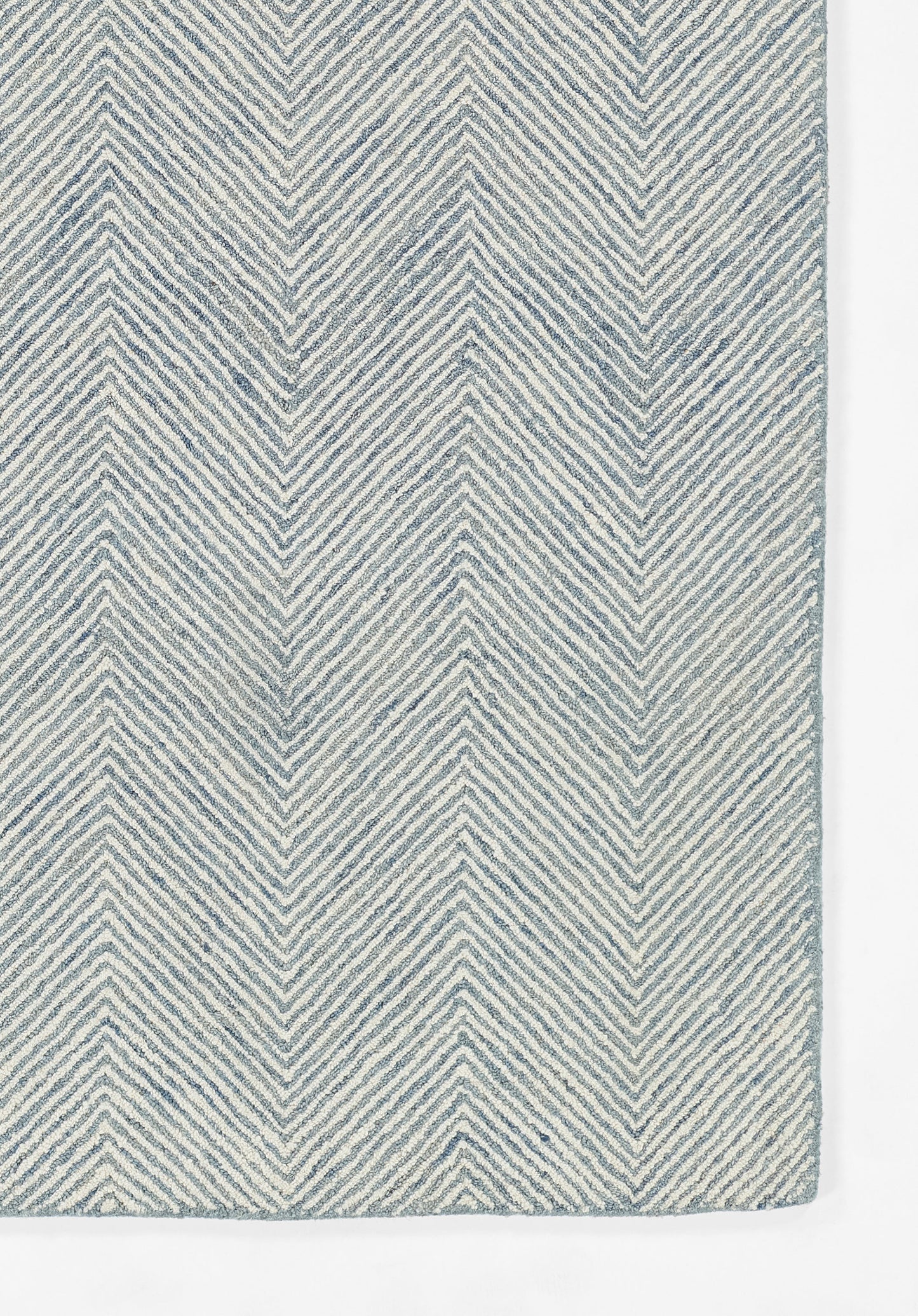 Blue and white chevron-patterned rug with textured woven fibers.