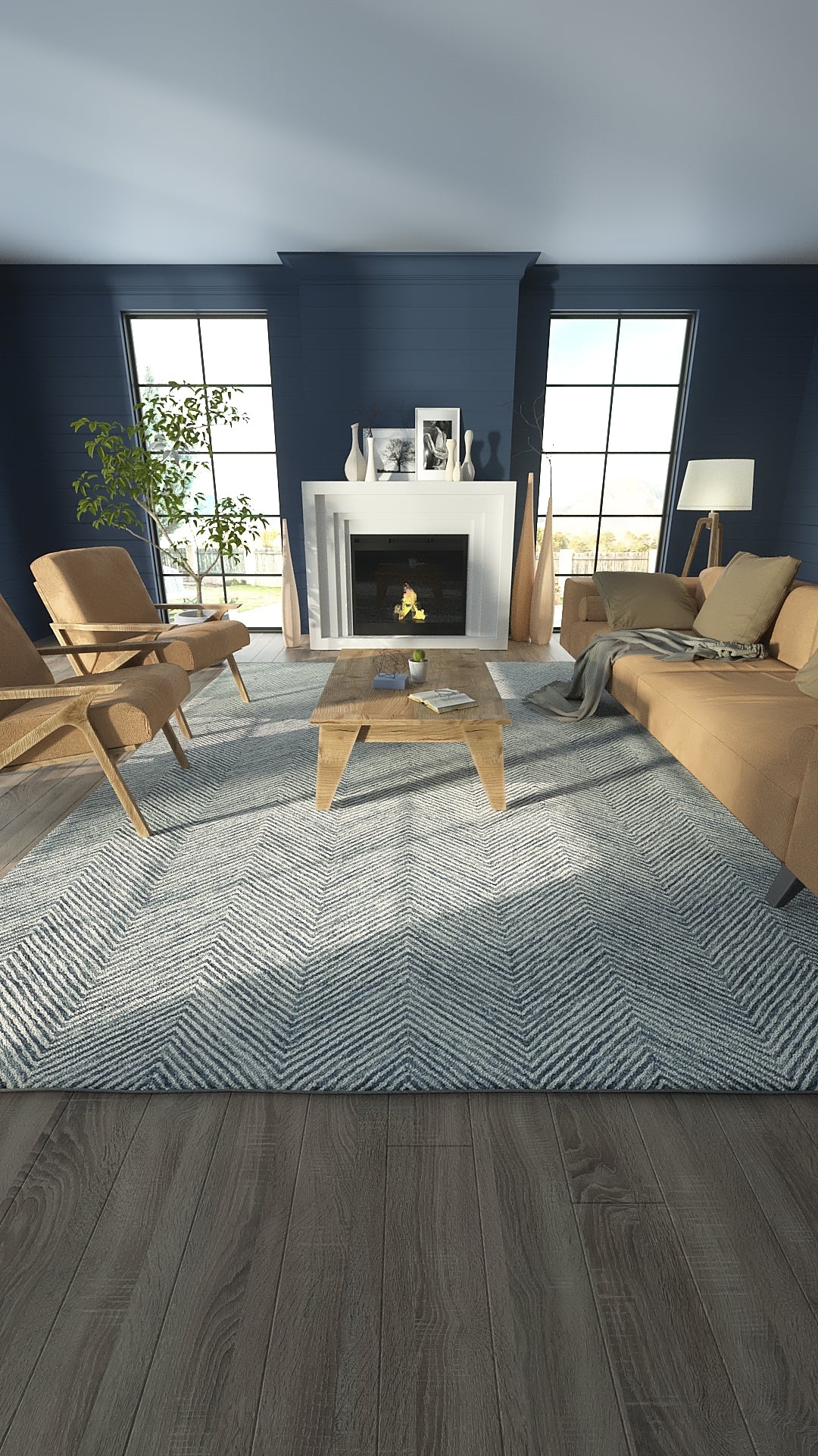 Cozy modern living room with navy walls, white fireplace, tan sofa and chairs, light wood coffee table, chevron rug.