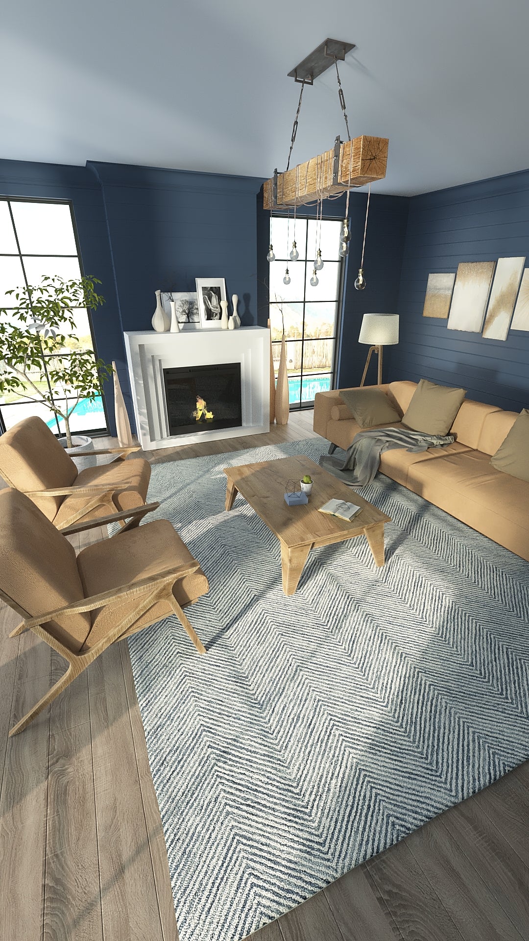 Modern living room with blue walls, beige lounge chairs and sofa, light wood coffee table, chevron rug, white fireplace.