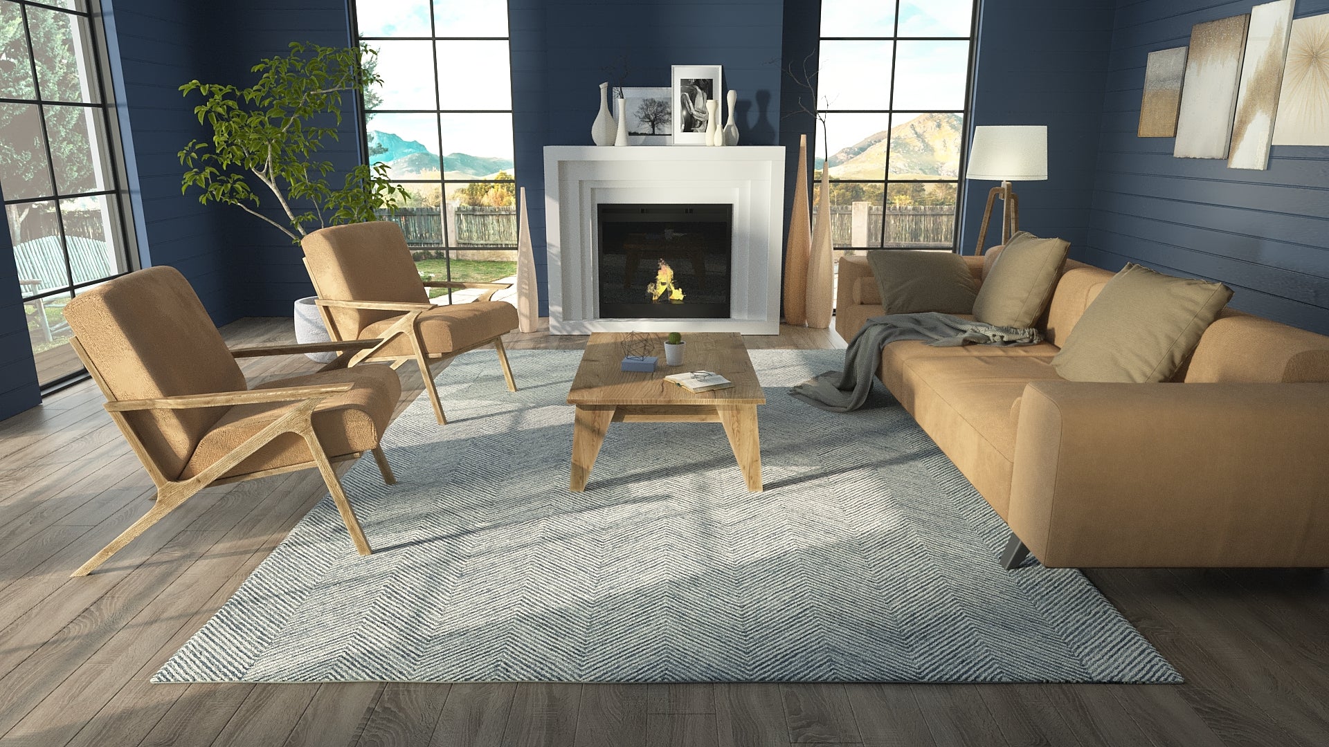 Cozy modern living room with tan fabric sofa, wooden armchairs, light chevron rug, wooden coffee table, blue walls, fireplace