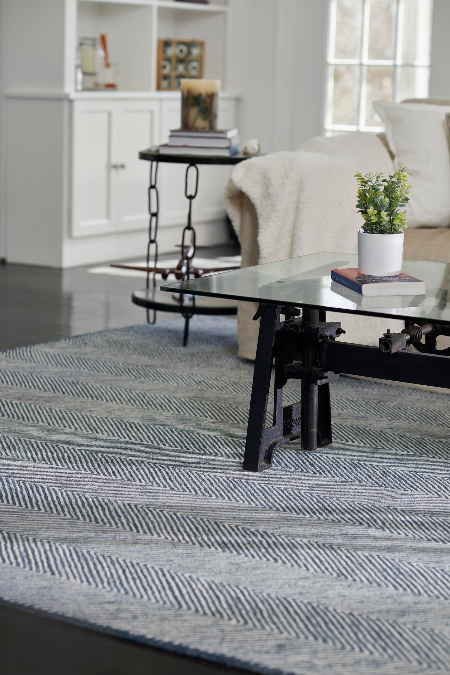 Blue-gray chevron-pattern rug, 2' x 3', with a potted plant and books nearby.
