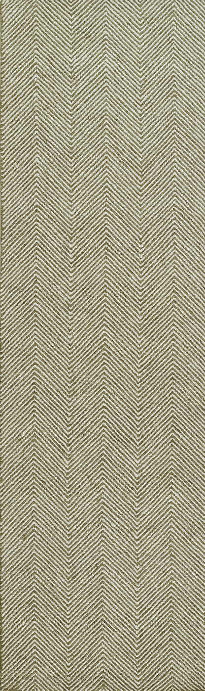 Olive green and cream chevron-patterned rug with woven texture for modern living spaces.