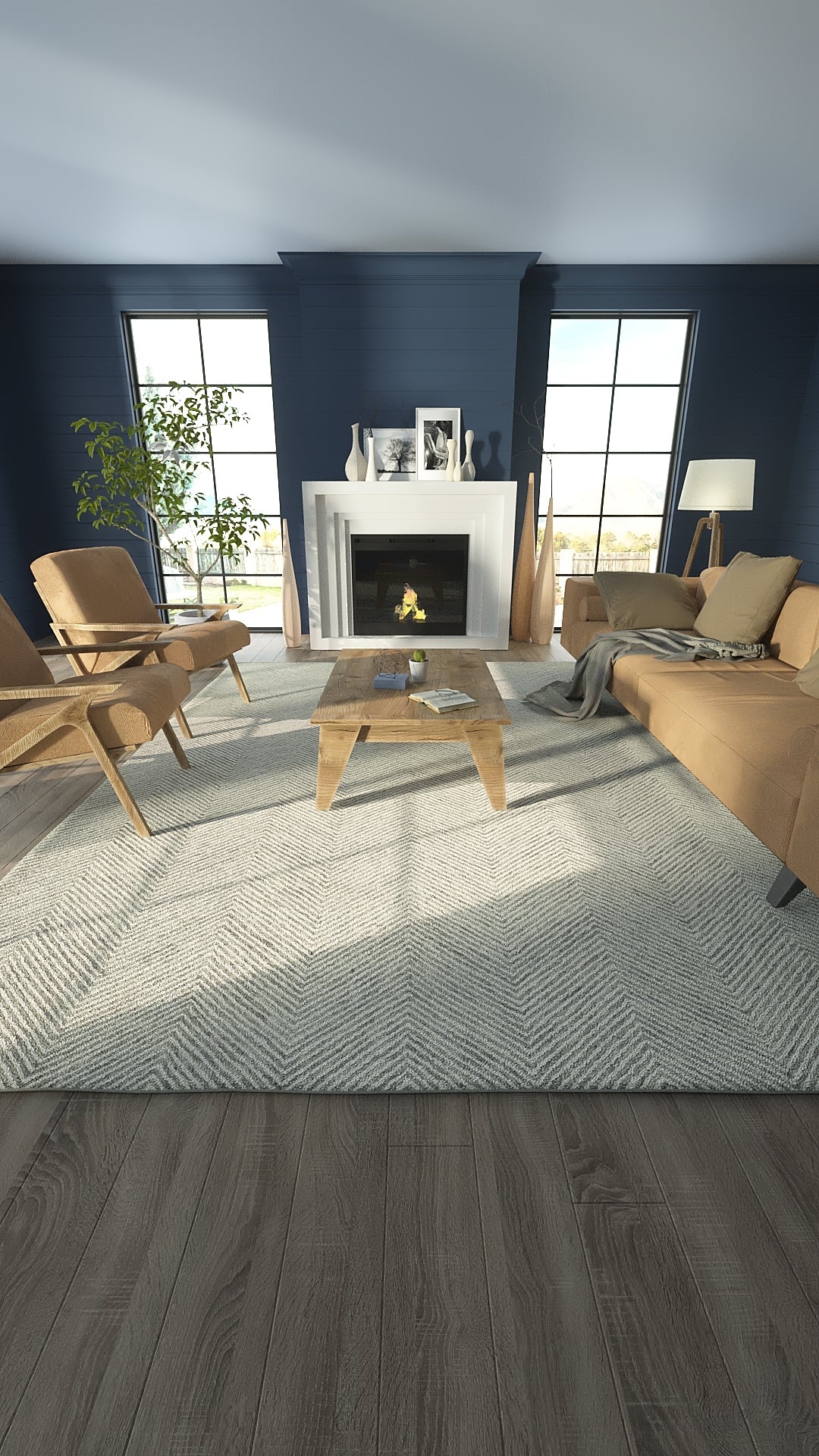 Navy living room with white fireplace, beige mid-century chairs, light gray chevron rug, natural wood coffee table.