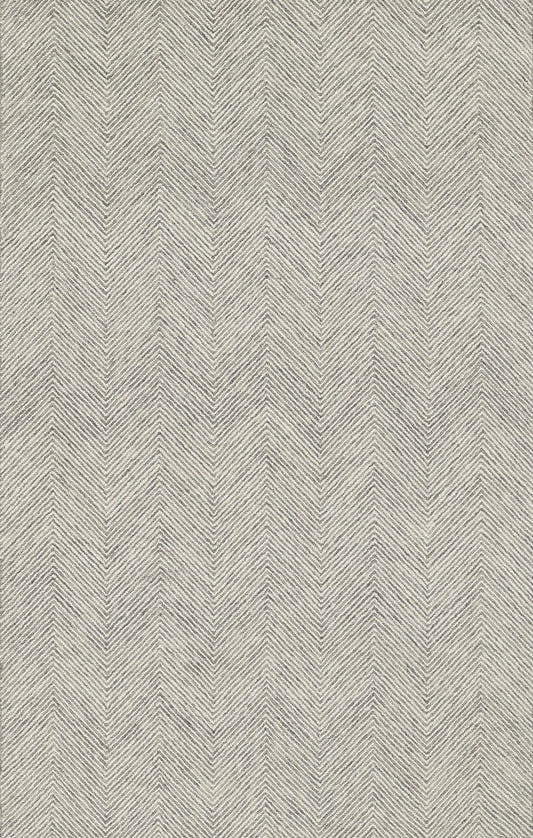 Gray herringbone woven rug with textured zigzag pattern in beige-gray tones.