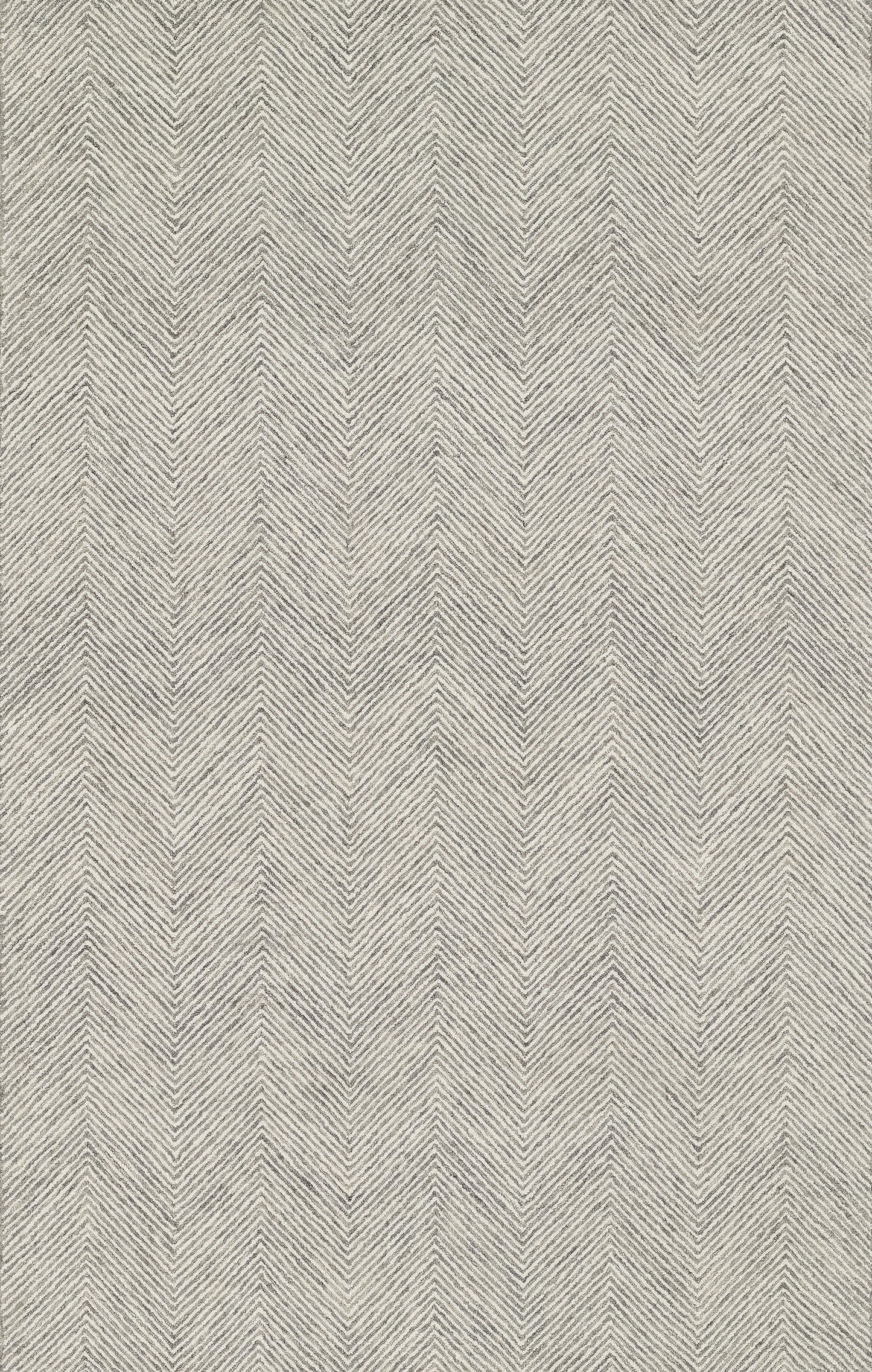 Gray herringbone rug with textured woven chevron pattern in neutral tones.