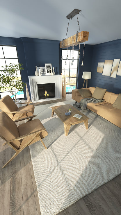 Taupe rug, 2' x 3', in a blue-walled living room with a wood beam chandelier and fireplace.