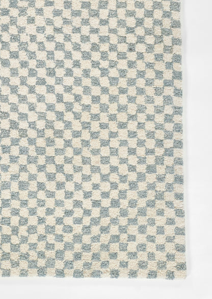 Rectangular woven rug with blue and cream checkerboard pattern, soft textured pile.