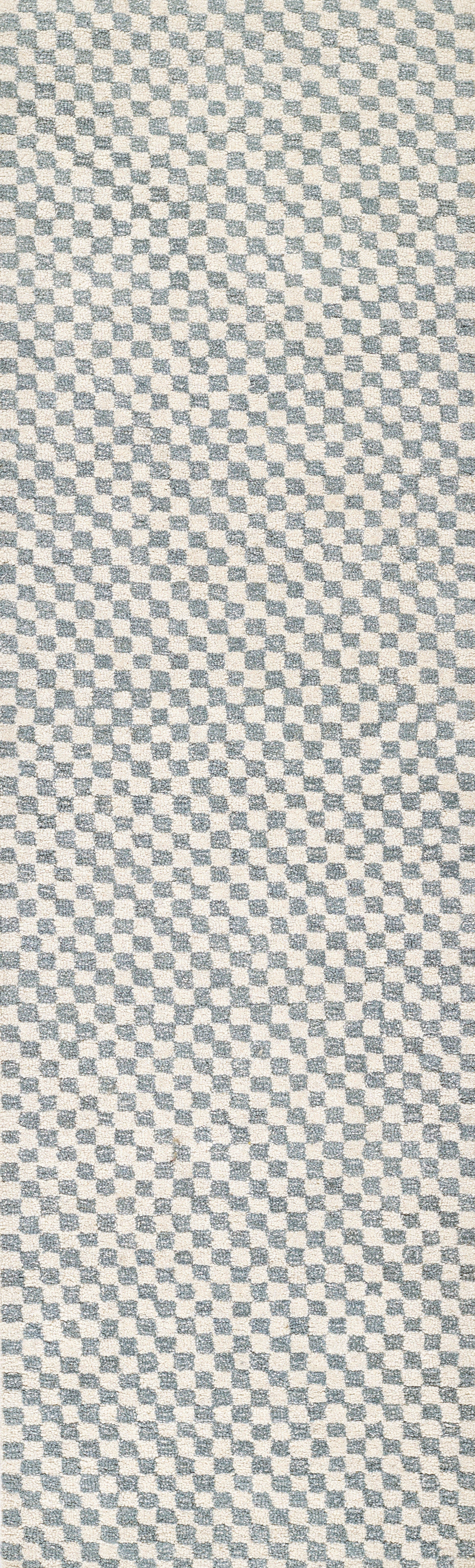 Close-up of blue and beige checkerboard woven textile with small square pattern, suitable for rug or upholstery.