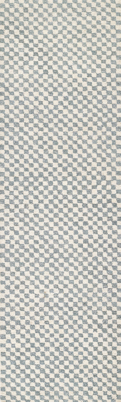 Close-up of blue and beige checkerboard woven textile with small square pattern, suitable for rug or upholstery.