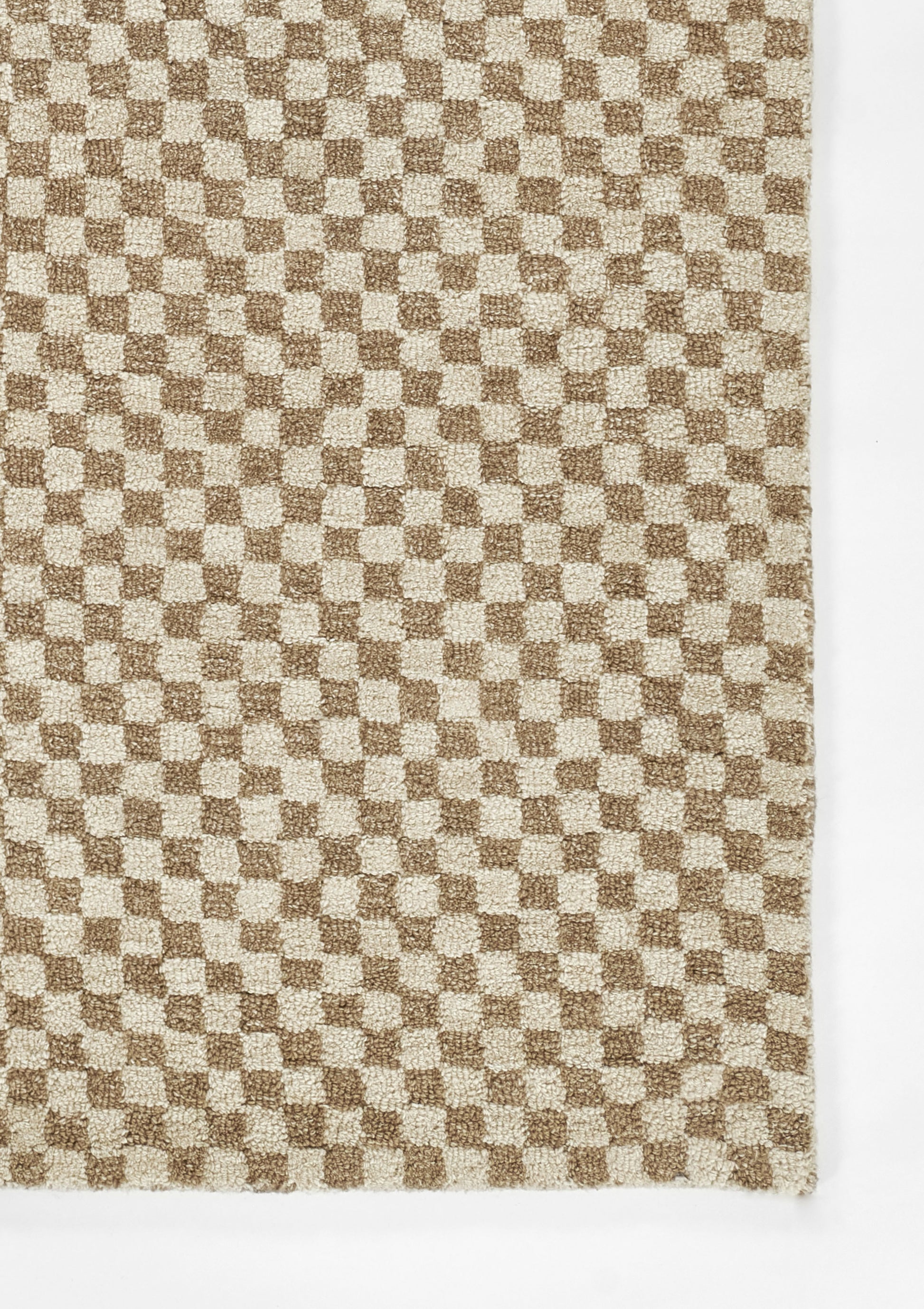 Brown and beige checkerboard woven rug with textured surface, 2' x 3'.