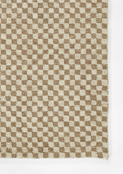 Brown and beige checkerboard woven rug with textured surface, 2' x 3'.