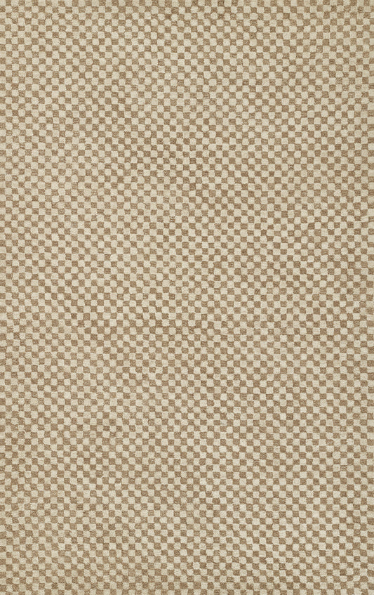 Brown and beige checkered woven fabric with small square pattern, ideal for upholstery.