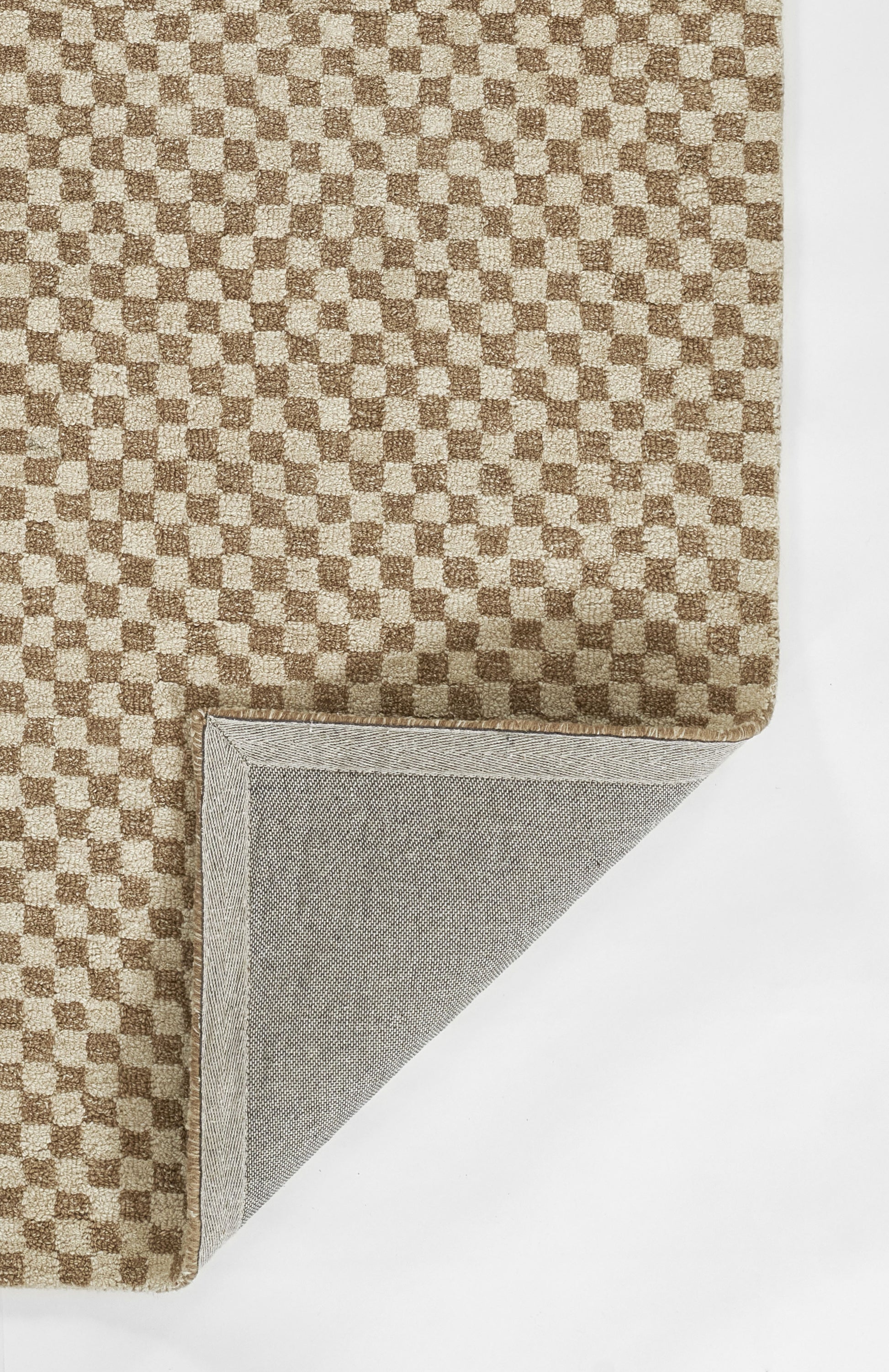 Brown checkerboard woven rug with beige squares; textured fabric, folded corner reveals gray underside.