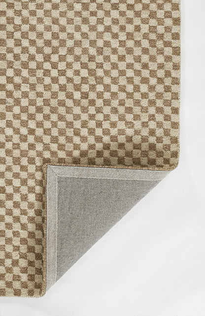 Brown checkerboard woven rug with beige squares; textured fabric, folded corner reveals gray underside.