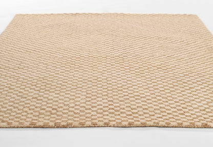 Beige tan low-pile rug with a subtle checkerboard pattern & fringed edges, rectangular living-room rug.