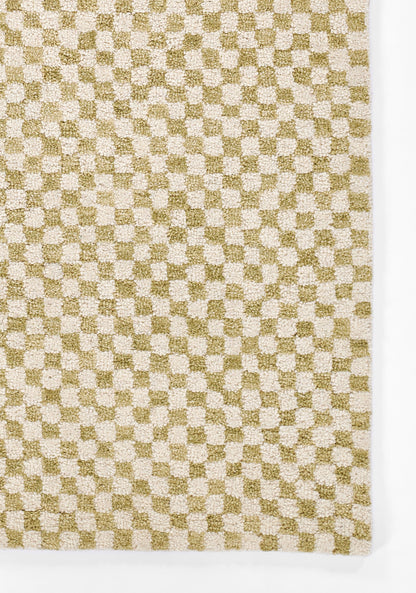 Olive green and cream checkered textured rug, woven boucle fabric, rectangular, modern geometric style.