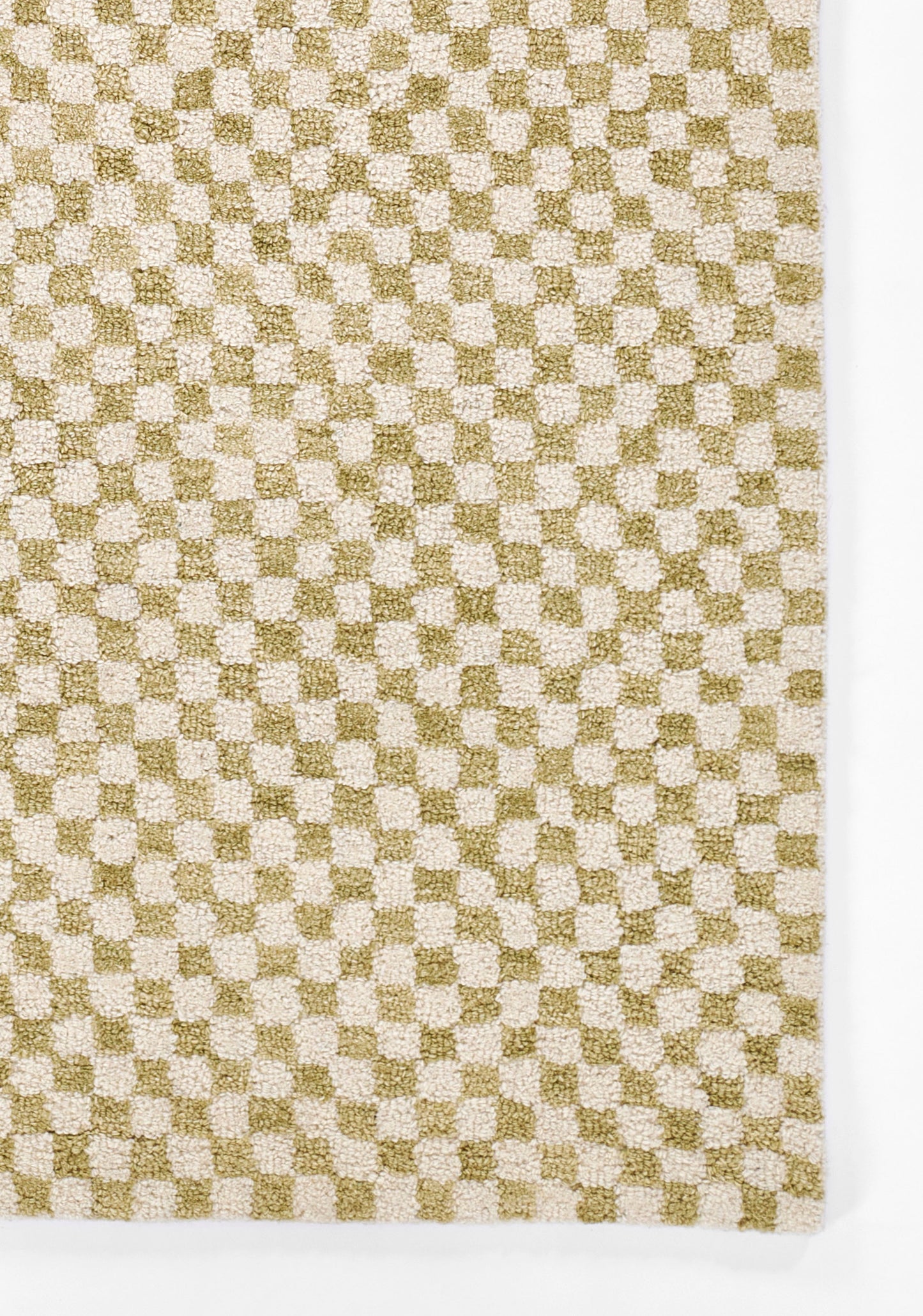 Beige and olive green checker-patterned woven rug with textured looped pile, rectangular floor mat.