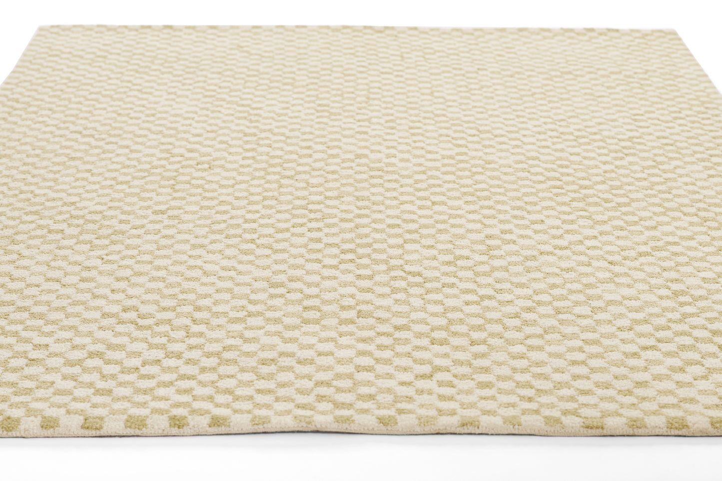 Beige textured rug with a subtle repeating rounded-dot pattern and neutral cream tones.