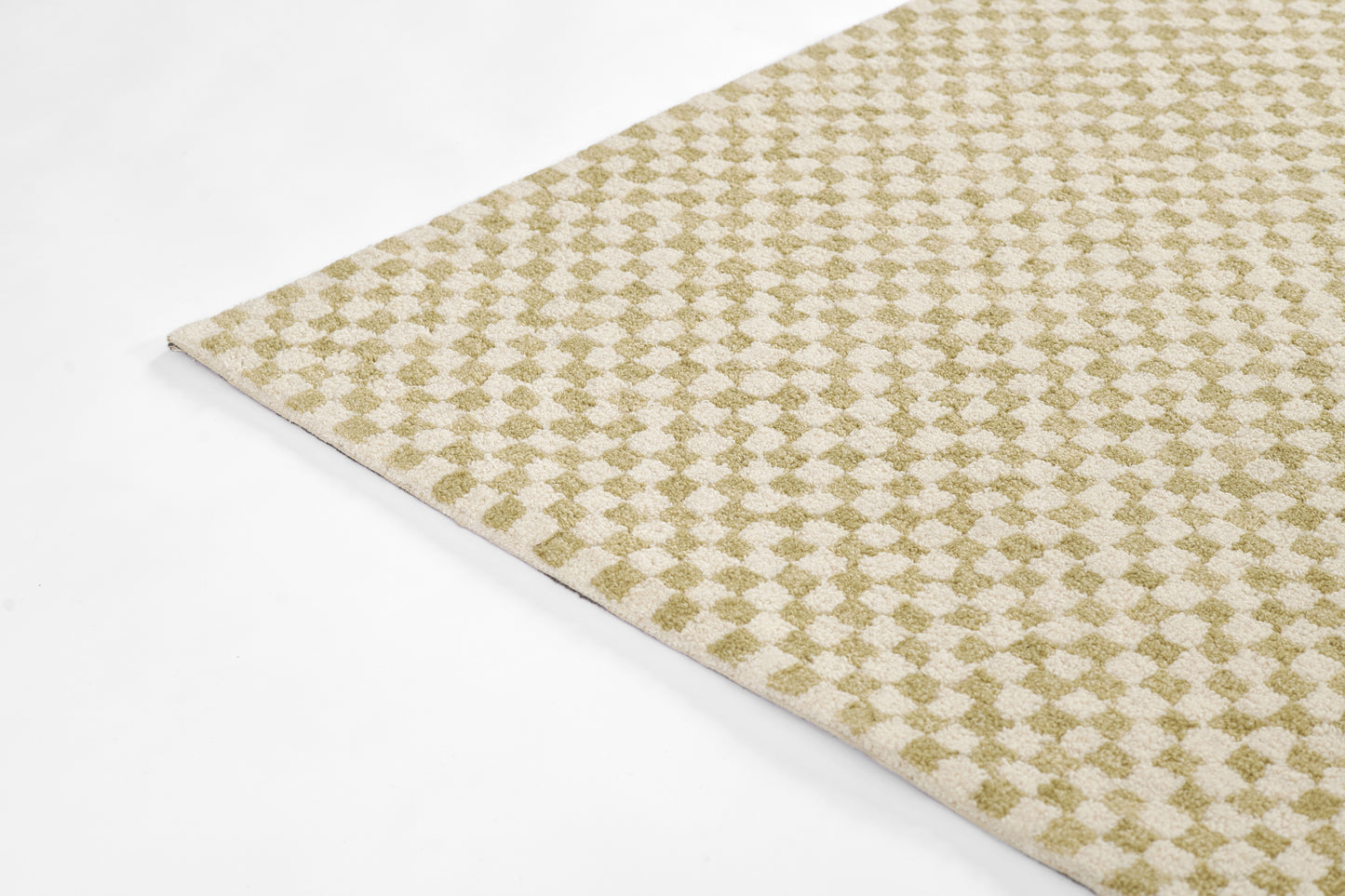 Beige runner rug with an olive-green diamond lattice pattern and soft textured pile; size 2'3" x 8'.