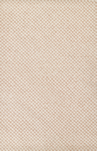Blush pink and beige micro-check fabric with tiny square texture; soft woven textile for upholstery or clothing.