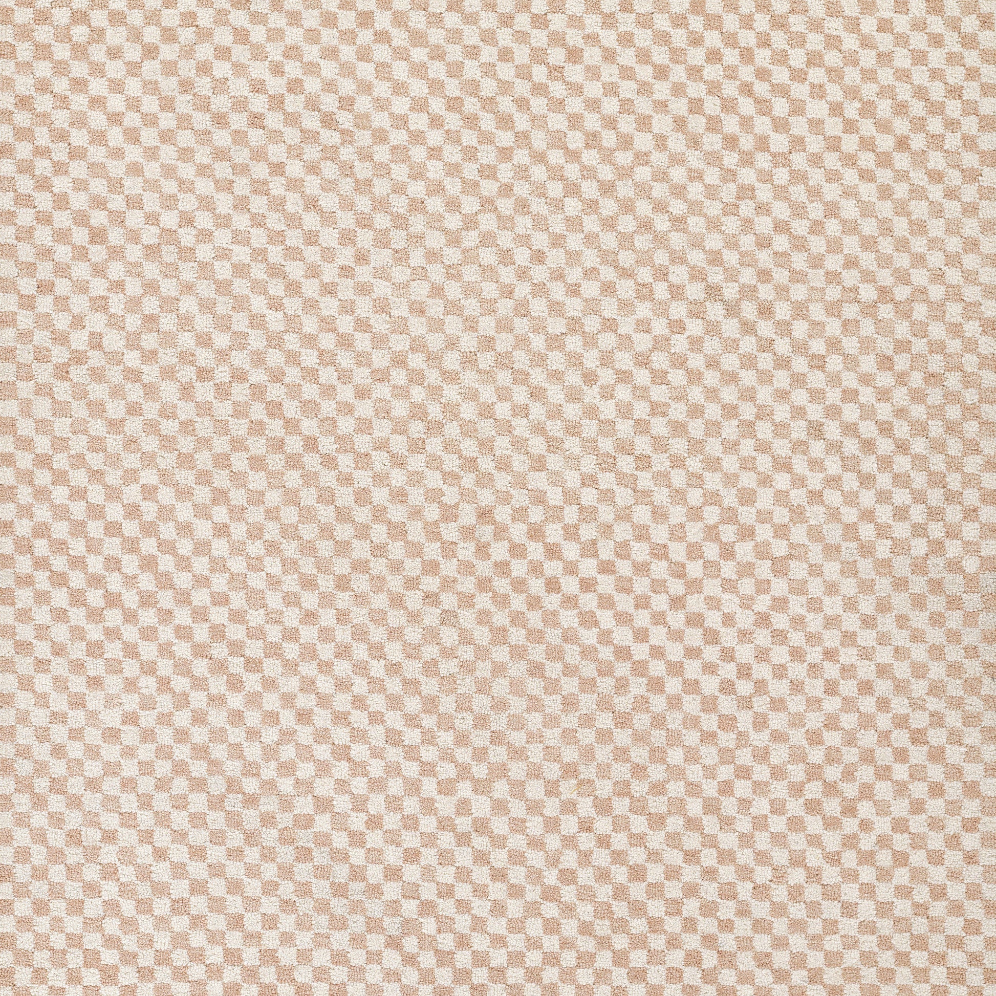 Close-up of pink-beige checkerboard fabric texture with small woven squares.