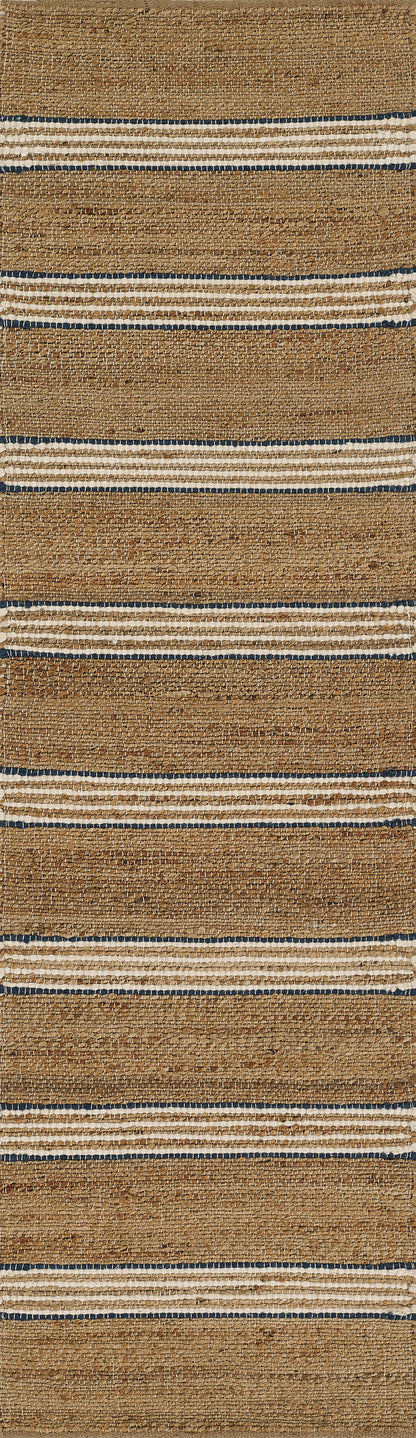 Natural jute rug with cream and navy horizontal stripes; flat-weave, rustic coastal style.