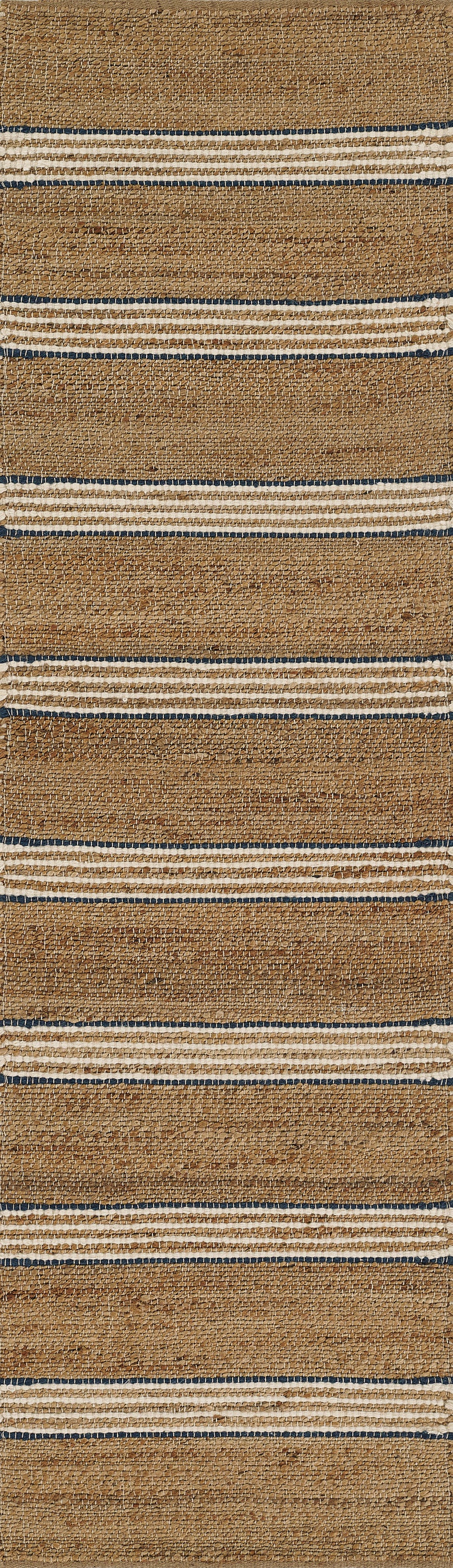 Natural tan jute rug with navy blue and ivory striped bands, textured woven surface.