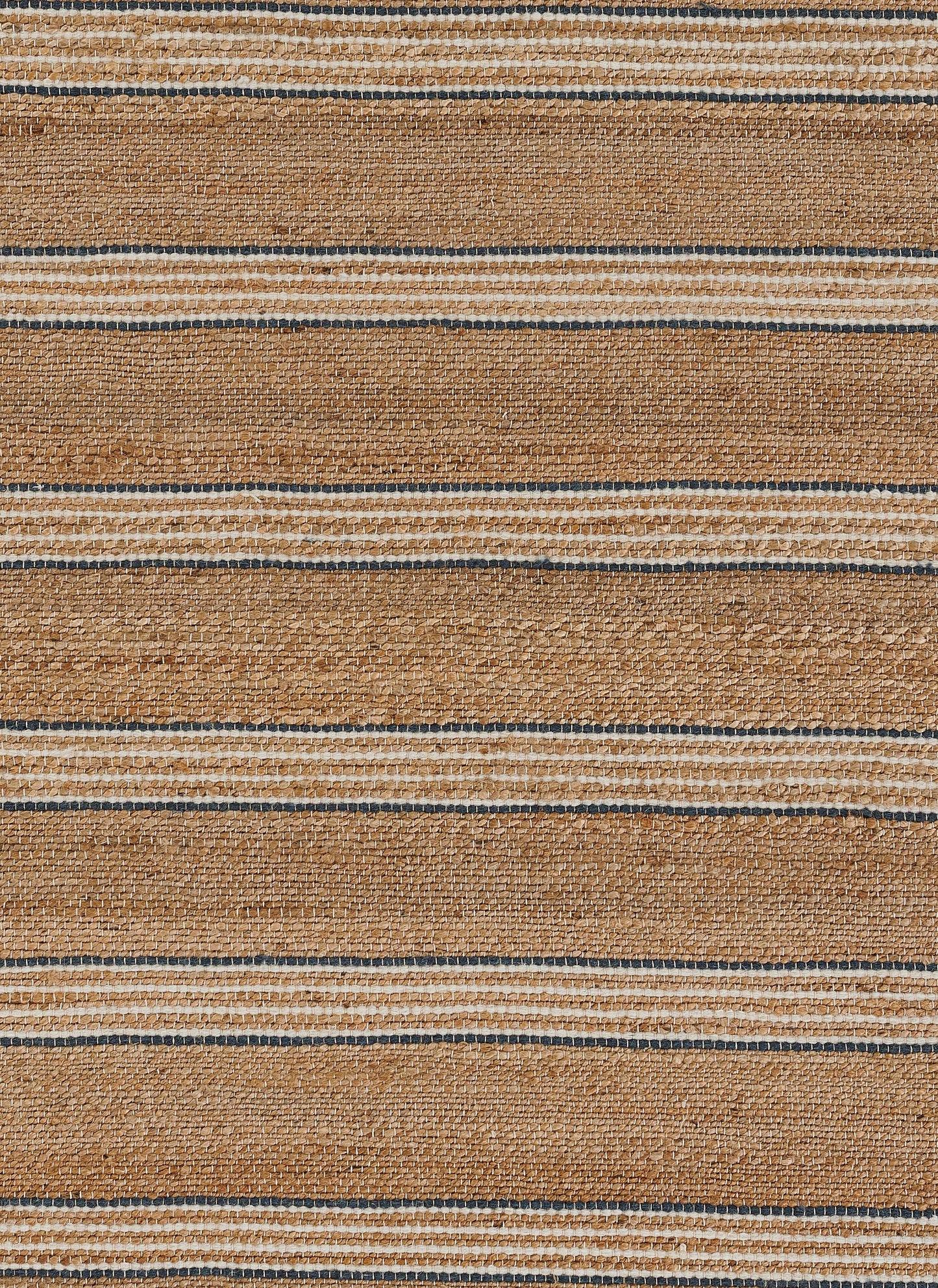 Natural tan base with cream and navy narrow stripes; flat-weave stripe rug, coastal rustic; 10' x 14'.