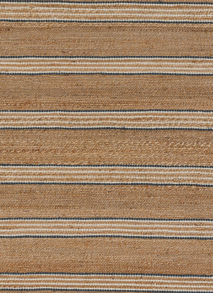 Natural tan base with cream and navy narrow stripes; flat-weave stripe rug, coastal rustic; 10' x 14'.