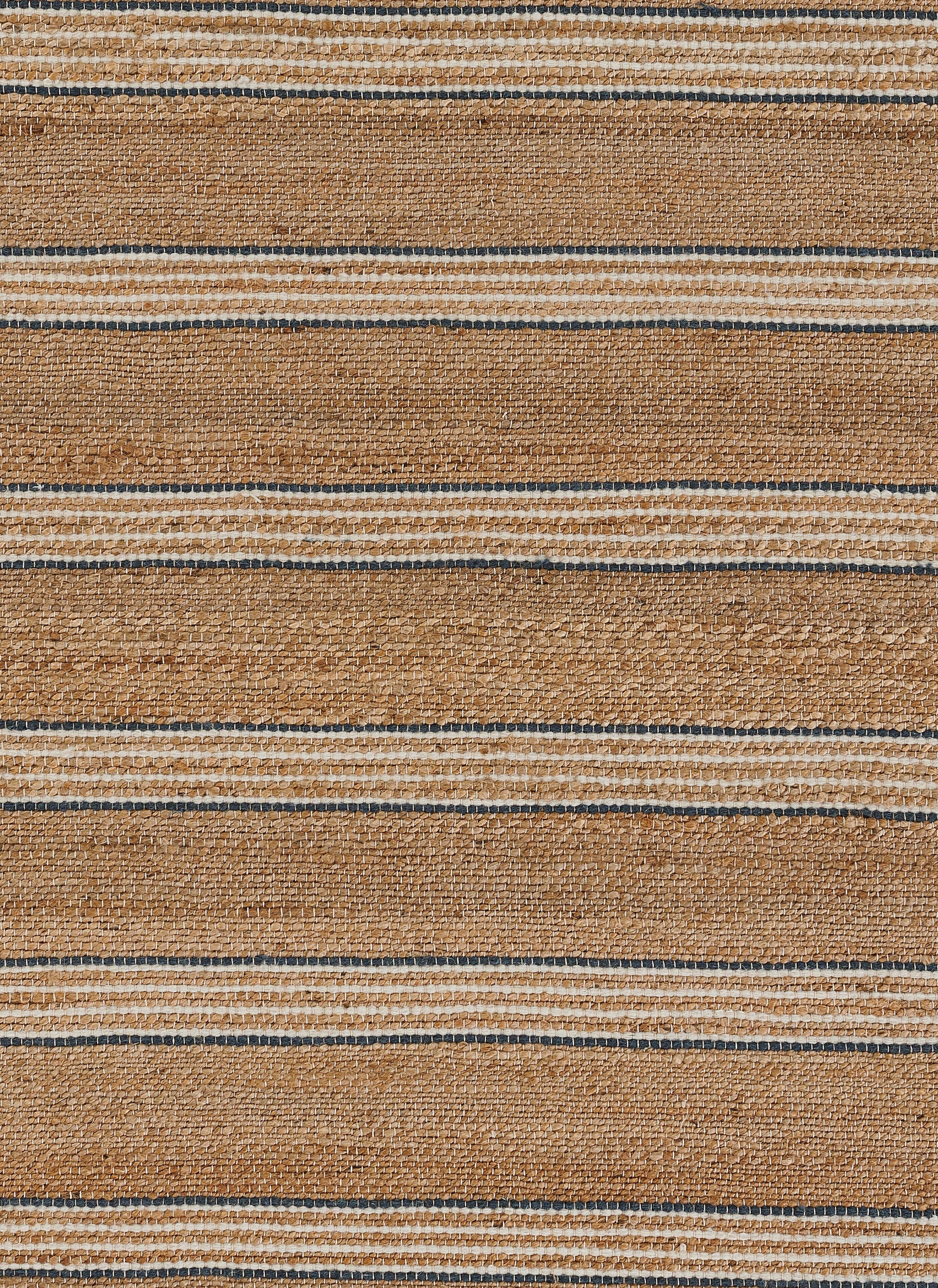 Beige and brown woven jute runner with horizontal blue striped accents.