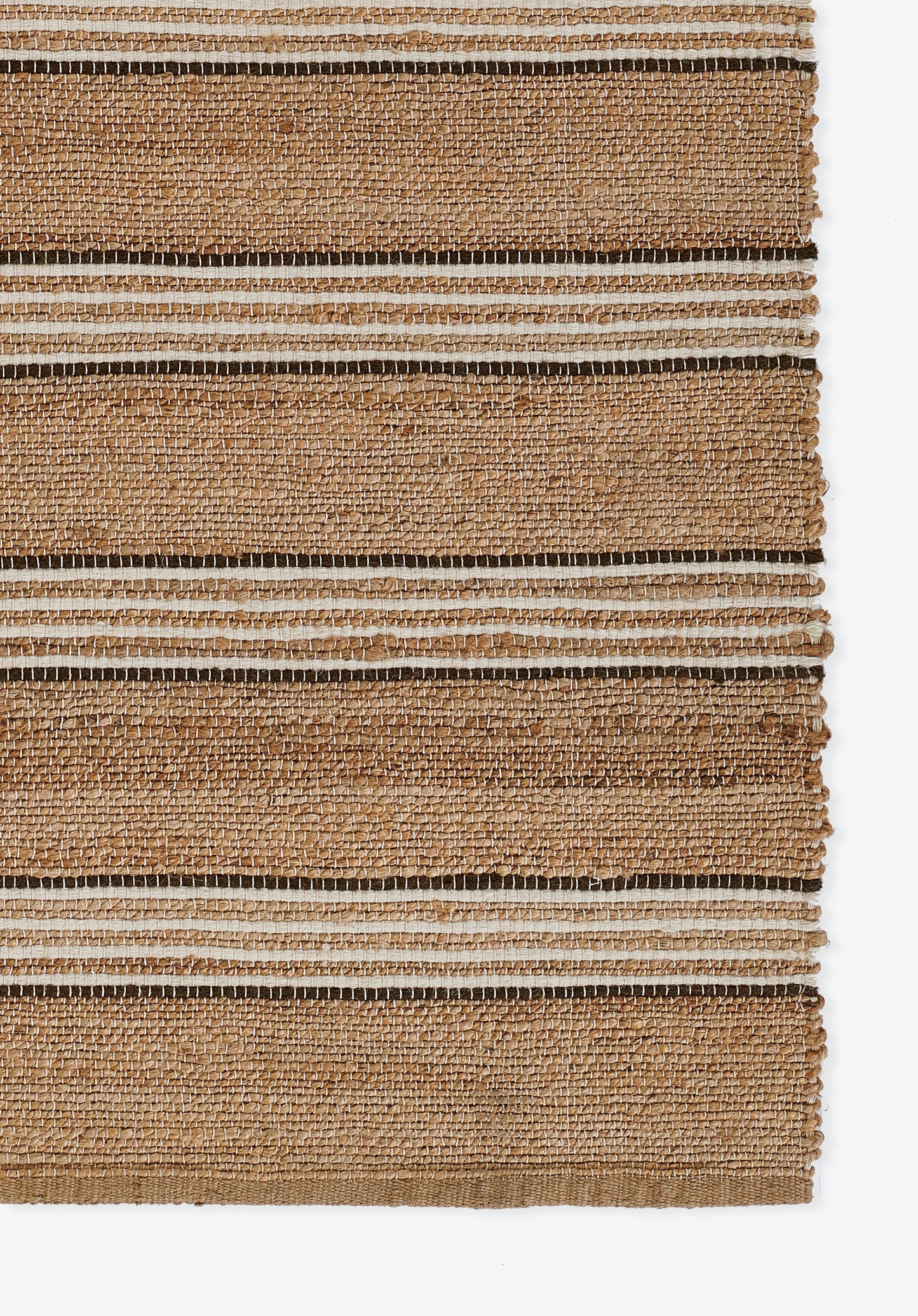 Natural jute rug with tan and cream horizontal stripes; woven texture, rectangular, rustic coastal style.