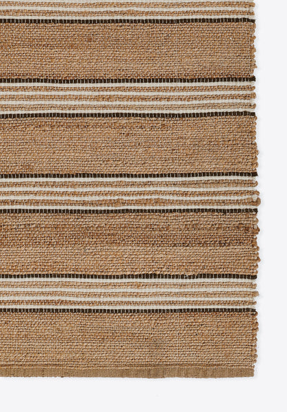 Natural jute rug with tan and cream horizontal stripes; woven texture, rectangular, rustic coastal style.