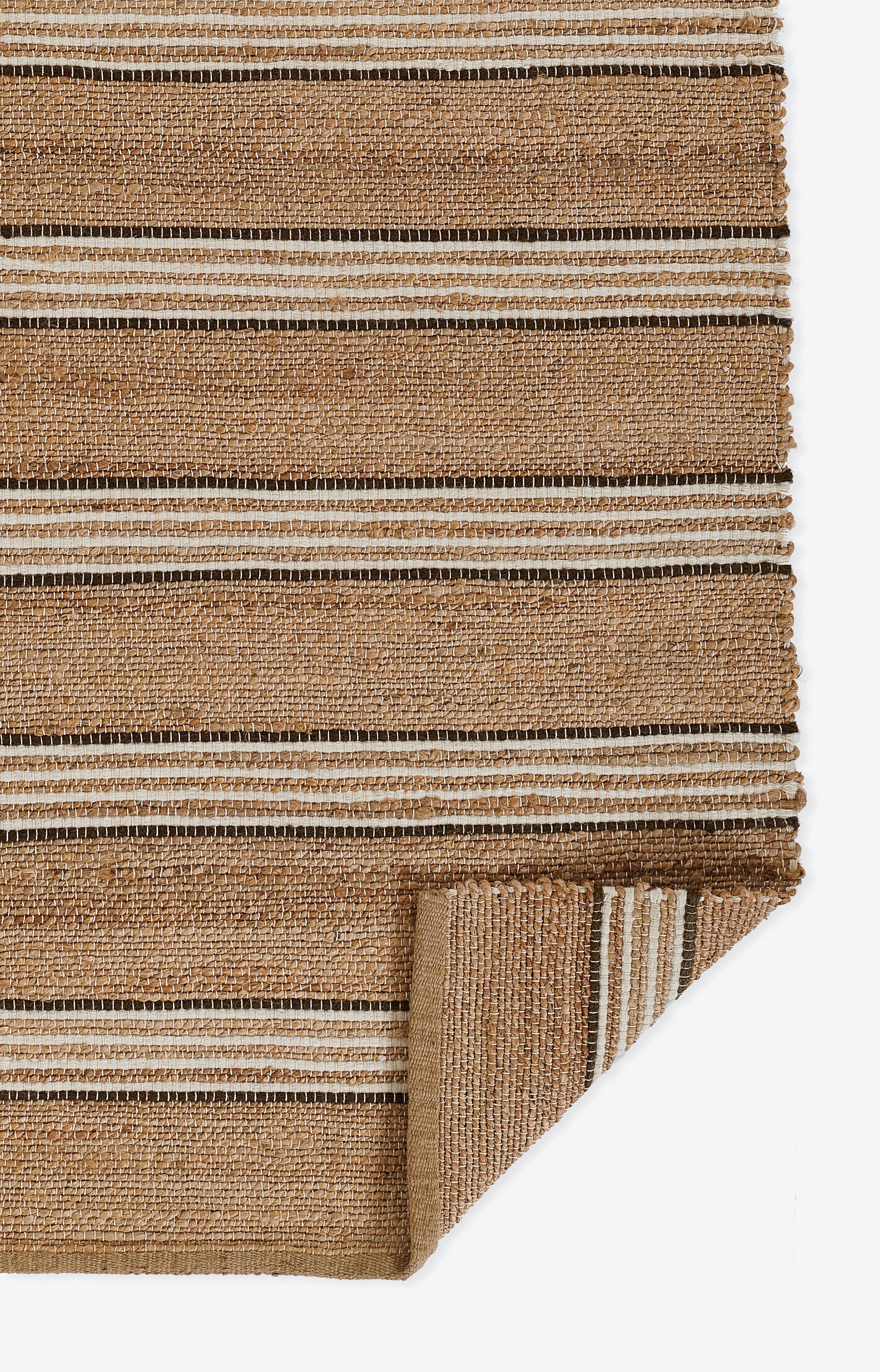 Natural jute rug with tan and brown horizontal stripes, woven texture.