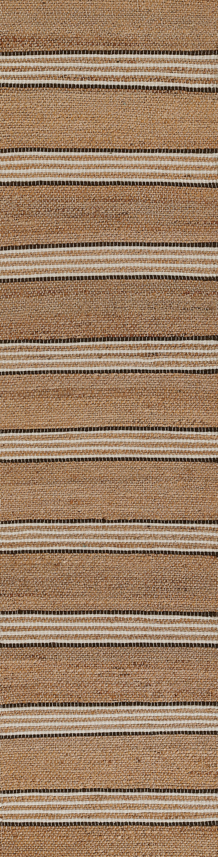 Natural jute rug with broad tan bands and slim cream and dark brown stripes; rustic coastal style.